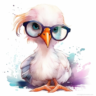 kawaii adorable fantasy baby stork wearing cute glasses, nursery art, clipart image, line art image, white background, inspired by yoshitaka amano art, very detailed, 8k