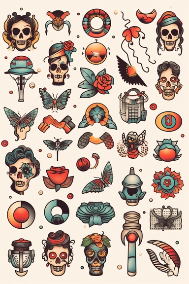 tattoos vector clipart on light background, vector cute collection, in the style of #screenshotsaturday, light black pastel background, flat areas of color, flat color blocks, 1970–present, rough-edged 2d animation, lightbox, colorful animation stills, high quality clipart, front view