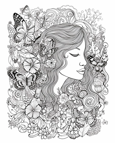 The coloring page features a girl surrounded by an array of psychedelic swirls and patterns, created using simple line art techniques. The girl is surrounded by a swarm of butterflies, adding an ethereal and dreamlike quality to the image. The design is filled with a variety of watercolor-related terminology, such as wash, blend, and color bleed, which give the image a sense of fluidity and movement. The colors used are bright and bold, with a range of pinks, purples, oranges, and yellows, that 