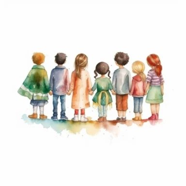 watercolor style, children standing together, from multiple cultures: european, african american, asian american, latino, indian, japanese, mexican, clipart, isolated on white background, 4K
