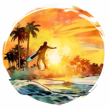 Surf's Up Paradise: A vibrant watercolor clipart capturing the essence of the surfing lifestyle, featuring a surfer riding a wave against a backdrop of palm trees and a golden sunset, radiating the thrill and beauty of riding the perfect wave. (No background)