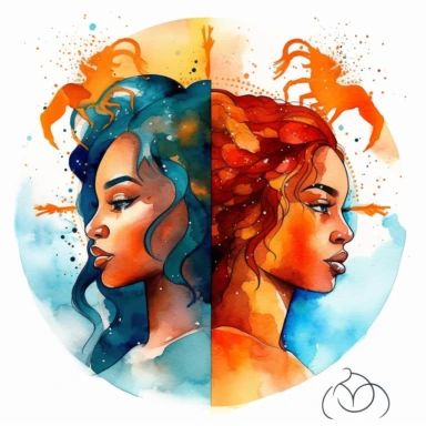 beautiful clipart watercolor of Gemini zodiac sign using nubian queen as image bright colors with white background no words or letters