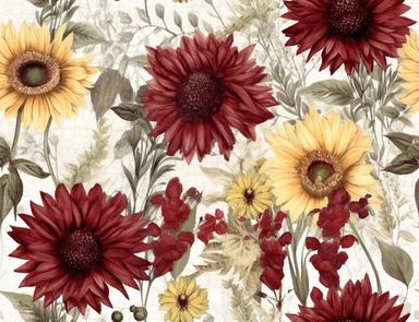 Vintage seamless pattern of Sunflowers, burgundy dahlias, white baby's breath, and wheat stems. Add some greenery such as seeded eucalyptus and dusty miller leaves flower mix pencil sketch, ephemera paper design with ornate illustrations, vintage, distressed textures, muted colors, craft paper texture, handwriting lines in background, pen and ink on paper with watercolor washes Watercolor, vector, white background, rice paper texture, clipart, Seamless patterns, repeating patterns design, flat i