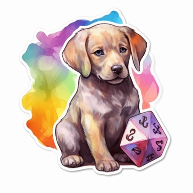 sticker with white border, on white background, hd, fantasy, dungeons and dragons, watercolor clipart, vibrant rainbow colors, classic disney style, playful and whimsical, cute Labrador puppy with dice