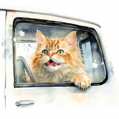 a funny cartoonish style cat sticking his head out the window, watercolor clipart