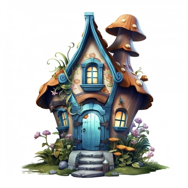 clipart, shades of blue and brown fairy house isolated on a white background, vector, pastel colors, realistic, 3D, no shadows