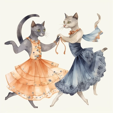 watercolor clipart, cats, dancing, Art Nouveau, highlty detailed