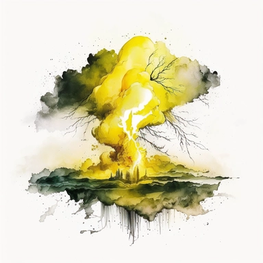 wet on wet watercolor, one cloud with intense yellow lightning, clipart, mysterious, detailed,witchcore, in the style of realism with fantasy elements, intense yellow colour,I can't believe how beautiful this is, white background