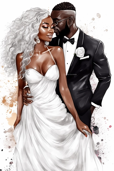 Black skin bride in a white wedding dress with diamonds and with beautiful jewelry, rich and glamour, long beautiful hair, beautiful lips and long eyelashes glamour and the groom in a tuxedo smile watercolor clipart