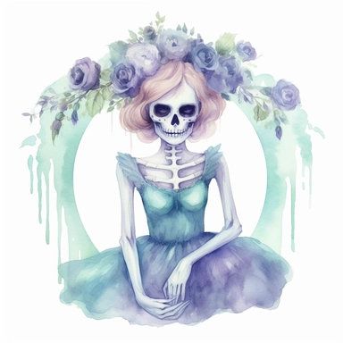 pastel female skeleton with a flower crown and a dress in a circle, half body, cute but spooky Halloween, shades of pastel purple and aqua, glamorous, watercolor, white background with margins, clipart style — uplight