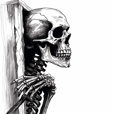 clipart, skeleton looking around corner, spooky, black vector lines, white transparent background