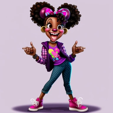 2d, beautiful vibrant full body happy african american adult mickey mouse woman clipart, dark brown face, pink ears, purple shoes, cartoon realistic