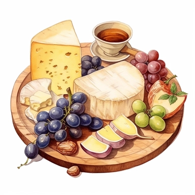 Watercolor cheese platter with wallnuts and grapes and raisins and figs nicely placed along with cheese on a very large wooden flat plate or cutting board, illustrations clipart set, simple, soft colors, cartoon elements, different variants, cheese from around the world, wooden elements, separate elements with a margin