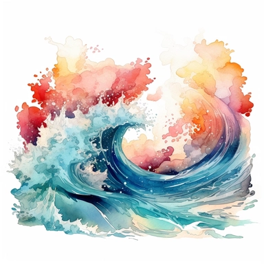 watercolor crashing waves, shades of coral turquoise yellow and blue, glamorous, very detailed and realistic, white background with margins, clipart style