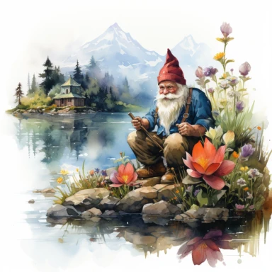 gnome fishing, mountain lake, cabin, vibrant color, clipart, watercolor illustration, white background