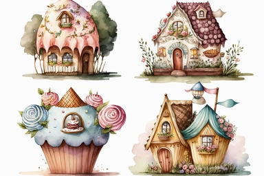 Very cute and Whimsical cupcake houses, colorful, Watercolored illustration, clipart, white background