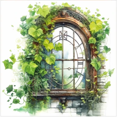 Steampunk style window with watercolor effect,unrealistic fantastic,white background,suitable for digital cliparts,fantastic scene,high quality,leaves,ivy,green plants - @nhnztrk (Waiting to start)