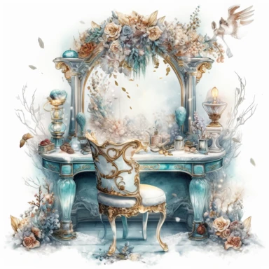 watercolor mixed media part of the royal dressing room with a royal dressing table with a magic mirror for the snow queen, richly decorated with jewels and snow and flowers, winter, cold, ice, snow, palace, masterpeiece by Mary Jane Ansell, designer by Victor Horta, PNG clipart, isolated on white, extreme photorealistic details, 32k HD resolution, realistic high detailization high resolution