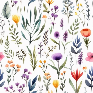 flora, flowers, Watercolor, vector, white background, clipart, Seamless patterns, repeating patterns design, flat illustration, outlined , Vector, 4K, Art station, digital print, highly detailed clean, A detailed illustration a field,3D vector art, cute and quirky, fantasy art, watercolor effect, bokeh, Adobe Illustrator, hand-drawn, digital painting, low-poly, soft lighting, bird's-eye view, isometric style, retro aesthetic, focused on the character, 4K resolution, vector image, photorealistic 