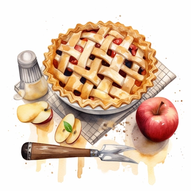 create a beautiful high quality high detail highly saturated watercolor clipart disney style illustration of a lattice style apple pie being prepared, include rilling pin and baking tools, no text, no font, white background