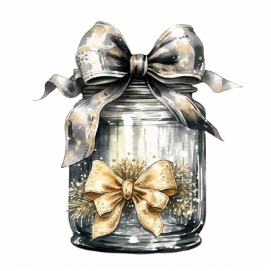 charming glass jar with bow, filled with Christmas Eve magic and wonder, watercolour clipart, silver and gold colors, I can't believe how beautiful this is