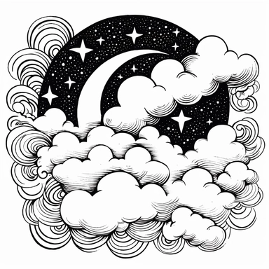 black and white vector outline line art clipart of a crescent moon and clouds , black and white, in the style of Aubrey Beardsley, white background, NO PEOPLE