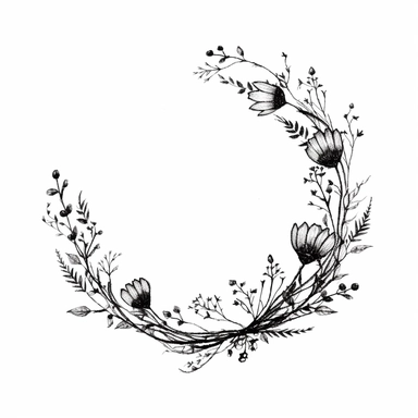 modern, minimalistic wildflowers connected to a stem, in the shape of one giant wreath with a huge opening in the middle, black and white, in the style of a high-quality hand-drawn, on a clean white background, wedding clipart