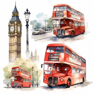 watercolor london iconic bus and taxis in streets, illustrations clipart set, simple, , cartoon elements ,different variants , separate elements with a margin