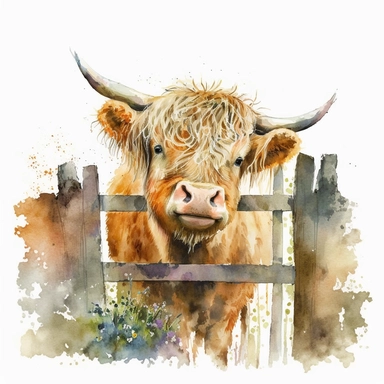 Highland Cow old farm gate, Watercolor, Clipart, Farm Animal, clipart, white background