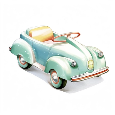 Vintage Hand painted pastel clipart of a pull along toy car in the style of vintage nursery kitsch Lefton, retro midcentury 1950’s, white background, contour