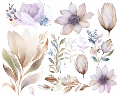 watercolor flower clip art for april, in the style of dreamlike composition, ethereal foliage, luxurious fabrics, pictorial dreams, beige, use of bright colors, poetic pastoral scenes