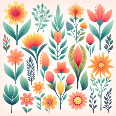 Colorful Flower Clipart in the style of amanda clark - flowers, leaves, buds, Spring flowers clip art