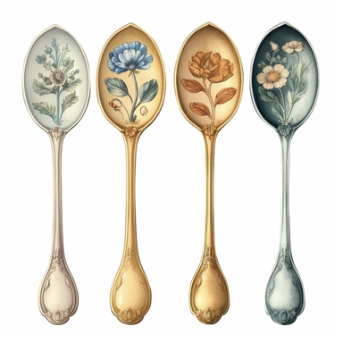 4 watercolor cliparts of neoclassical metallic spoons with flowers integrated on it, yaka art, Hyperrealistic still life, aurorapunk, 1990s, appropriation artist, hellenistic art