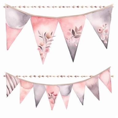 Watercolor bunting tag clipart set.Valentine's day,romantic wedding.Pink, gray and beige garland flag in vintage style,Birthday Party,bridal, wedding pennant