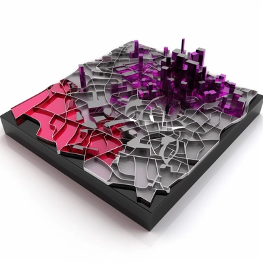 3d model of metallic city map, black+red+silver+purple, clipart, white background
