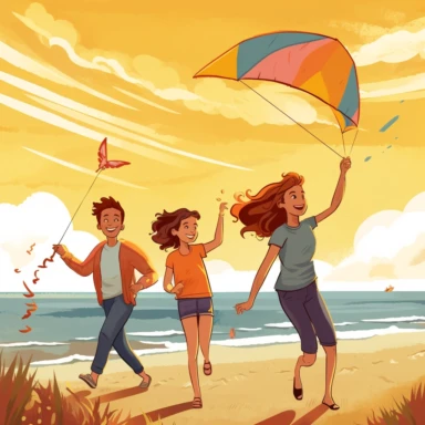 Group of students flying a kite at the beach. Style: clipart