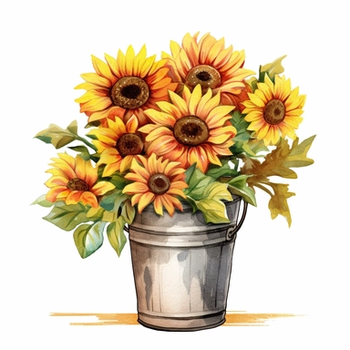 A delightful watercolor clipart image featuring a charming arrangement of sunflowers in a bucket. The artwork showcases a rustic metal bucket filled with bright and cheerful sunflowers. The sunflowers, with their vibrant yellow petals and contrasting centers, add a burst of color and liveliness to the composition. Soft brushstrokes and delicate washes of color create a sense of lightness and joy. The textured bucket and leafy green foliage complete the image, evoking a sense of nature's beauty. 