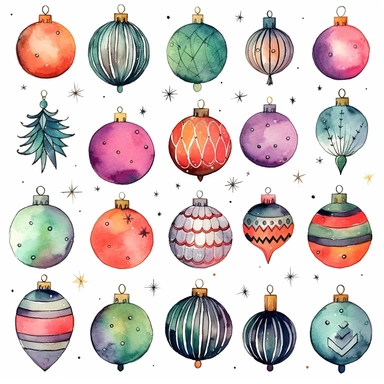 Watercolor line art, little squares filled with doodly patterns of  xmas ,ornaments and decorations , illustrations clipart set, simple, christmas colors , cartoon elements, different variants , stocking, bubble ornaments, xmas wreath, modern art, separate elements with a margin