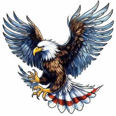 Eagle spread their wings and their feet pounce clipart, and and the American flag blends in with the eagle's feathers, watercolor Illustration clipart, 4K, extremely detailed Sublimation Clipart,Cartoon,hyper realistic, intricate detail, illustration style,high solution,on the white background