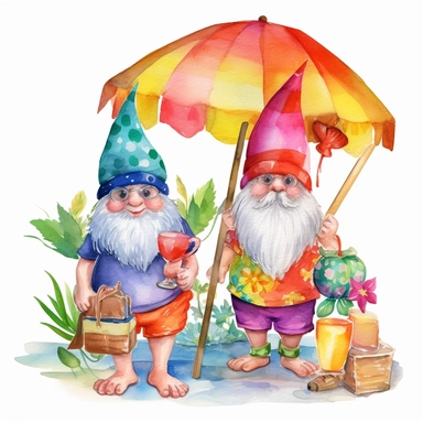 Watercolor painting clipart of gnomes ready for the beach, with flip flops, beach balls, margaritas, sunshine, towels, sunglasses, strong colors