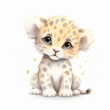 a pastel baby leopard with kind eyes clipart with watercolor illustration,full body shot,8k,etsy style, white background