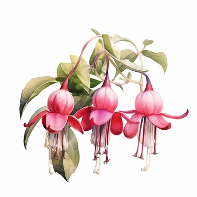 a watercolour painting of a fuchsia flower, in the style of uhd image, dansaekhwa, traditional, flourishing botanicals, exotic, white background, colorful, antique clipart, vibrant intense colors, photorealistic botanical satin drawing in the style of Pierre-Joseph Redoute