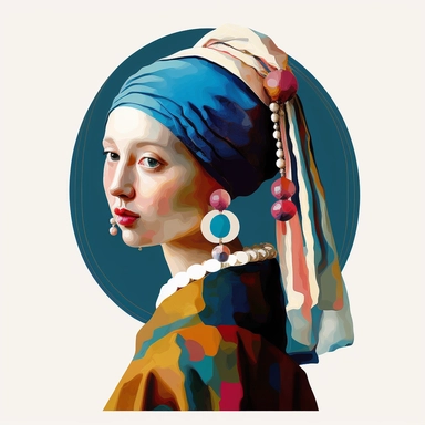 Illustration in boho style, clipart, sublimation drawing Alien in the form of a Girl with a Pearl Earring by Jan Vermeer. Bright colorful colors. White empty background, high quality 8k, quality detail