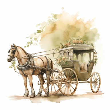 Horse and Carriage Clipart: This watercolor piece captures the vintage charm of a horse and carriage, ideal for a rustic elegant wedding. The colors used are soft browns, ivory, and green.