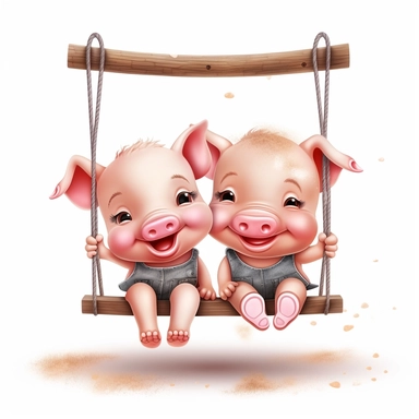 Cute Beautiful Happy Face Couple Baby Pig sit on a swing Sublimation Clipart ,Cartoon,hyper realistic, intricate detail, illustration style,high solution,on the white background