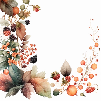watercolor dusty red floral in the far bottom left corner and far top right coner only, and blackberries in the far bottom left left corner and far up right corner only, clipart, orange, white background, no text