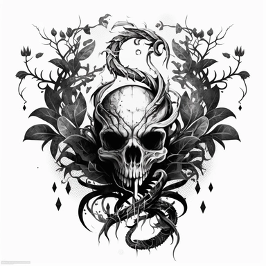 a picture of a snake with a head and tail, black and white symbol transparent background png clipart, in the style of skull motifs, gothic horror, marvel comics, twisted branches, feminine sticker art, rtx on, baroque-influenced. Logo, white background, 2D, Vector, Simple.