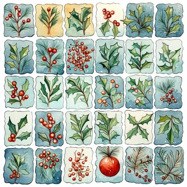 Watercolor line art, little squares filled with doodly patterns of  xmas ,ornaments and decorations , illustrations clipart set, simple, christmas colors , cartoon elements, different variants , stocking, bubble ornaments, mistletoe, holly, wreath, modern art, separate elements with a margin