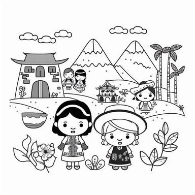 Landscape, simple, traditional costume, local food, animal, educational, history, and cultural diversity, clipart style, cute, captivating, kid friendly cute character, not color style, cartoon style, simple, line art style, character, white background, black and white coloring book for kids, flat vector, simple line drawing, thick lines, very low detail