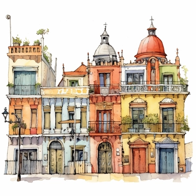 Very cute and Whimsical street of Buenos Aires, cute houses, beautiful, colorful, Alberto J. Armando Stadium (La Bombonera), Casa Rosada, and Recoleta Cemetery, Watercolored illustration in the style of Michael Powell, clipart, white background